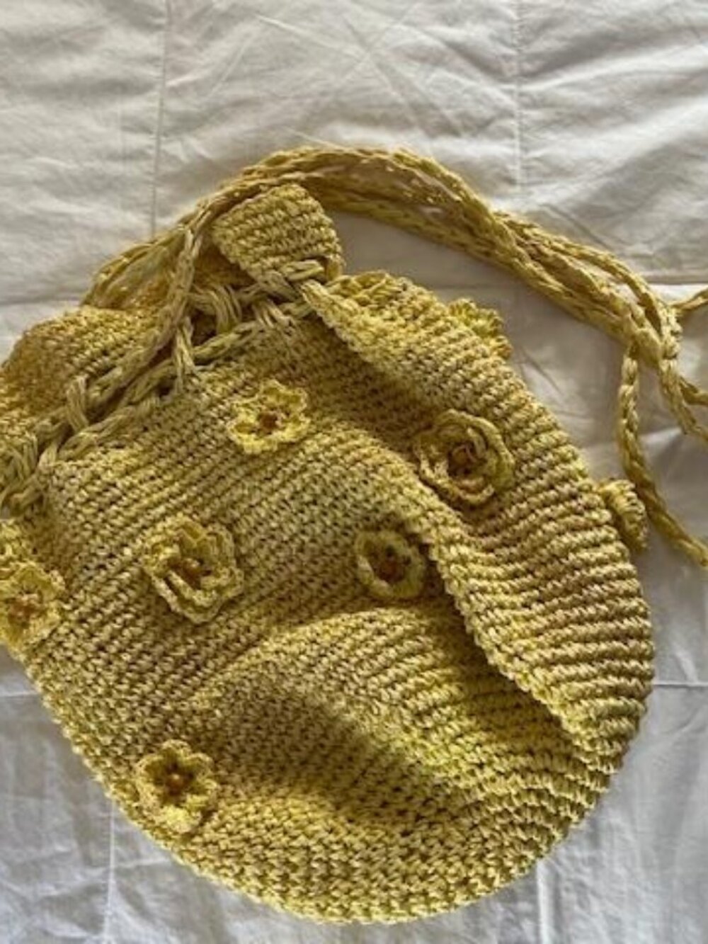 Hand Woven Yellow Drawstring Shoulder Purse w/Flowers Attached/Never Used - Picture 2 of 2